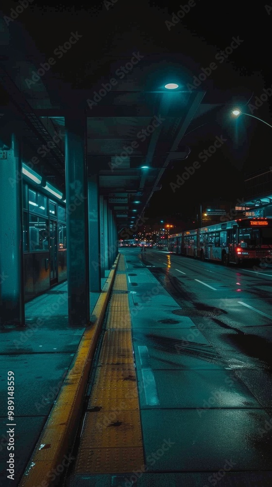 Fototapeta premium Nighttime image of empty train and bus station, wet pavements, warm streetlights, and electric buses parked, conveying a serene, quiet cityscape ambiance.