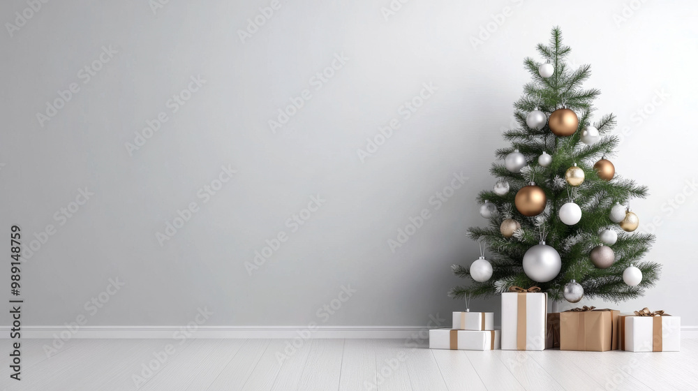A minimalist Christmas tree decorated with simple, modern ornaments in white, silver, and gold A minimalist Christmas tree decorated with simple, modern ornaments in white, silver, and gold