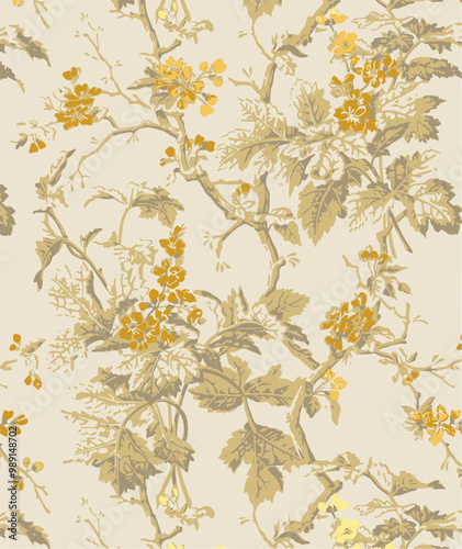 floral pattern with yellow flowers and grey-green leaves on a white background. photo