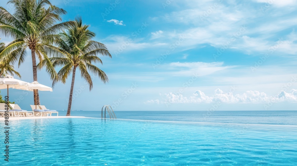 Obraz premium Tropical Resort Poolside with Palm Trees and Azure Waters