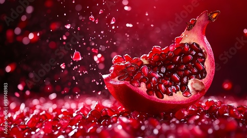 Juicy pomegranate seeds spilling out from a broken half, glistening with juice, vibrant red color