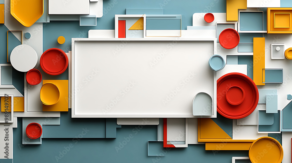 Obraz premium Abstract geometric composition with colorful shapes and a central rectangular blank frame displayed against a light blue background for professional design projects.