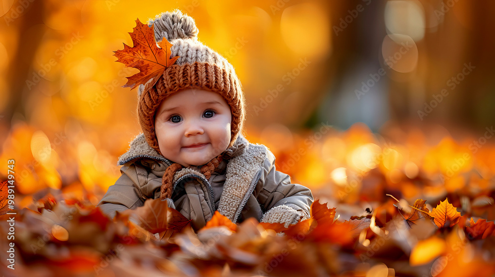 Adorable Baby in Warm Clothing Sitting Among Autumn Leaves with a Smile on a Sunny Day Adorable Baby in Warm Clothing Sitting Among Autumn Leaves with a Smile on a Sunny Day