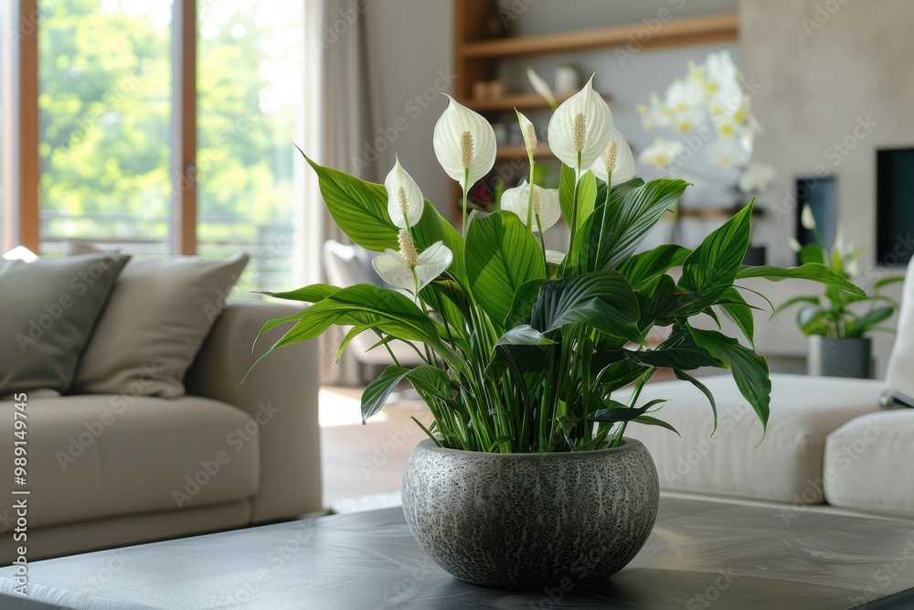 Fototapeta premium Modern Living Room with Peace Lily on Sleek Coffee Table