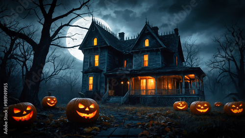 Eerie atmospheric scene of a hounted house. Halloween theme.