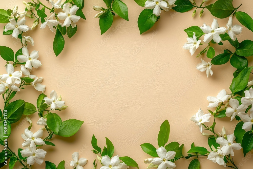 Naklejka premium White Jasmine Flowers and Green Leaves on a Cream Background