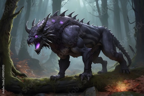  a fantasy predator with skales that stands on 4 legs in a forest landscape photo