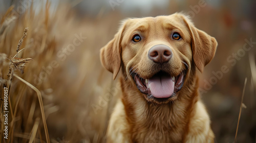 Golden Retriever Dog Portrait in Autumn Grass - Realistic Photo