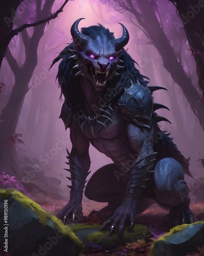 a fantasy predator with skales that stands on 4 legs in a forest landscape