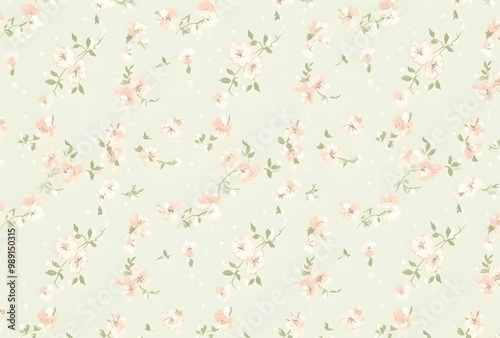 Delicate Pink & Blue Floral Pattern on Green Background