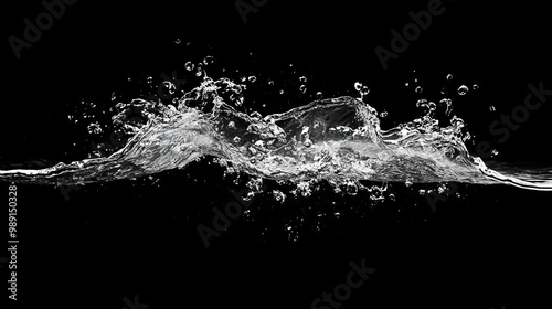 Water splashes forming shapes in the air, captured in a freeze-shot. Clear graphic elements of water shapes on a black background, perfect for design projects.