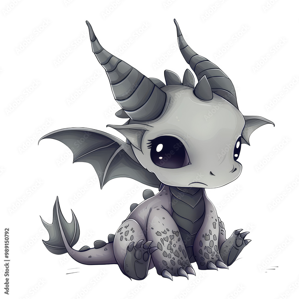 Fototapeta premium A cute, cartoon dragon with large, black eyes, a long, thin tail, and gray, scaly skin, sits with its wings folded.