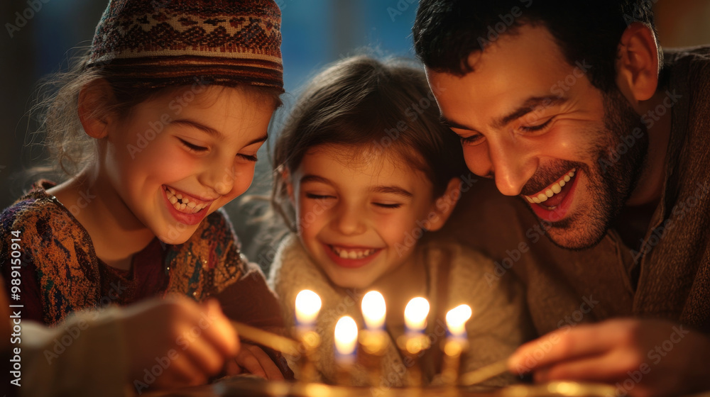 A traditional Hanukkah scene with a family playing dreidel together, laughing and enjoying the warm candlelight from the menorah. A traditional Hanukkah scene with a family playing dreidel together, laughing and enjoying the warm candlelight from the menorah.