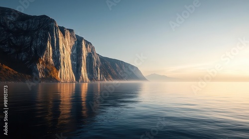 Vast ocean landscape with towering cliffs, mist rising from the water, soft golden light, cinematic wide-angle view, photorealistic detail