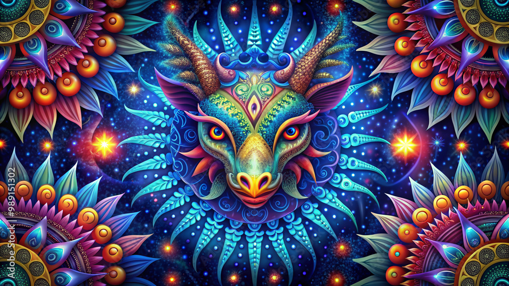 Fototapeta Colorful alebrije animal head centered inside radiant symmetrical mandala