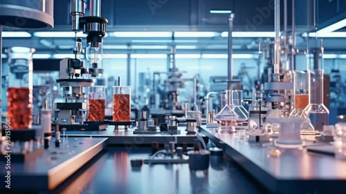 Laboratory scene with glassware and equipment for scientific experiments.