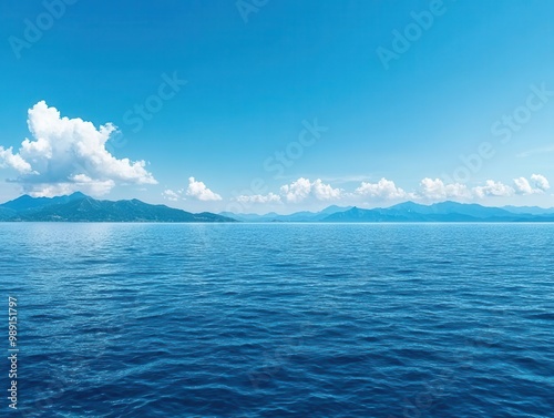 Vast ocean view with distant islands, calm blue waters, soft clouds overhead, serene atmosphere, photorealistic, wide-angle panoramic shot