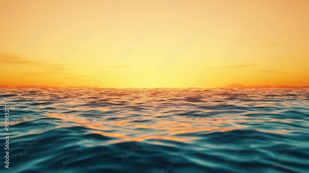 Fototapeta premium Vast ocean view with distant islands on the horizon, calm waters, golden sunlight reflecting off the waves, vibrant colors, hyperrealistic