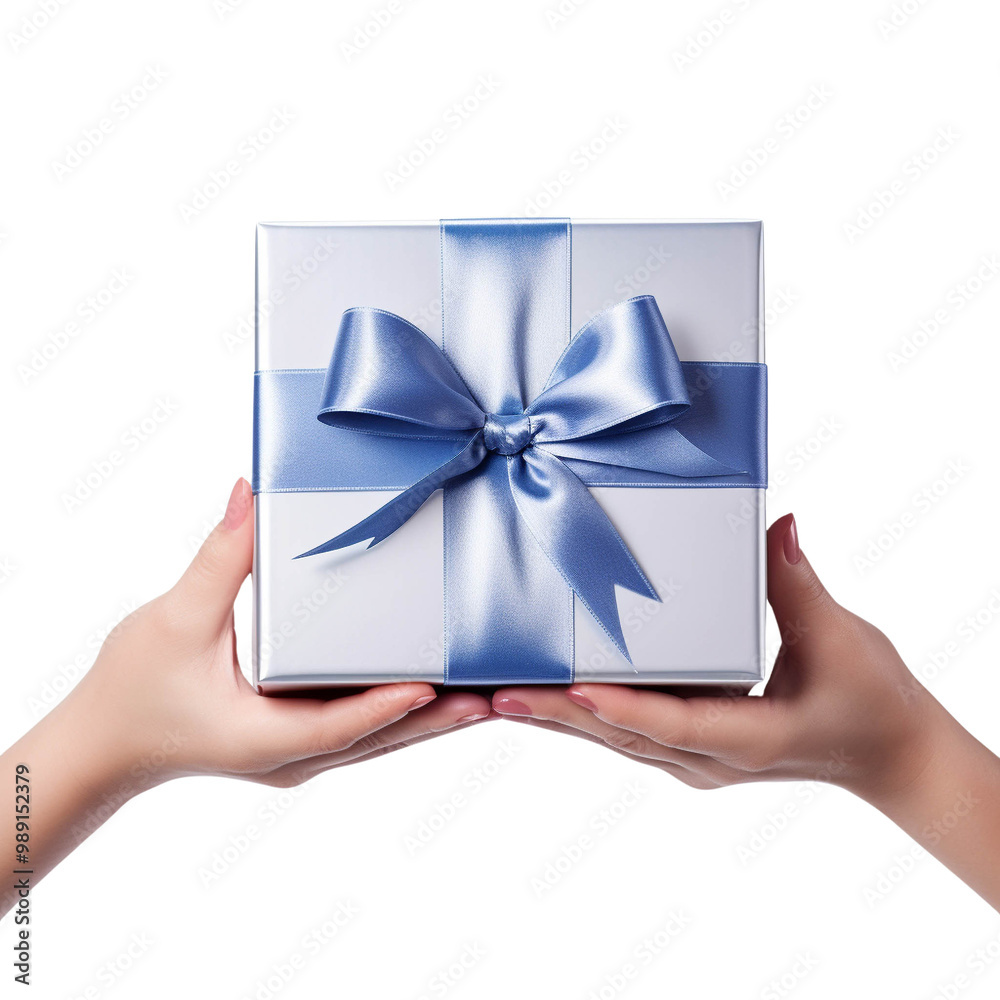 A pair of hands presenting a beautifully wrapped gift box with a blue ribbon, ideal for celebrations and special occasions. A pair of hands presenting a beautifully wrapped gift box with a blue ribbon, ideal for celebrations and special occasions.