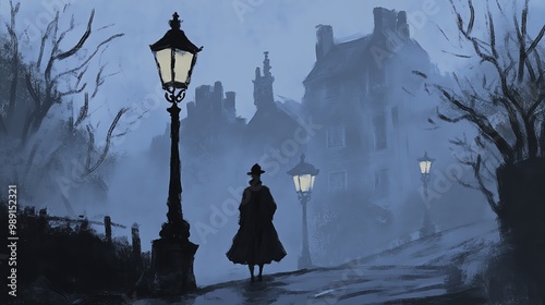 Quadro su tela Victorian street, gas lamps flickering, deserted