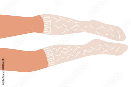 Flat vector illustration of legs lying on the floor. The right one is bent slightly. The white warm knitted golfs with pattern are on the feets.