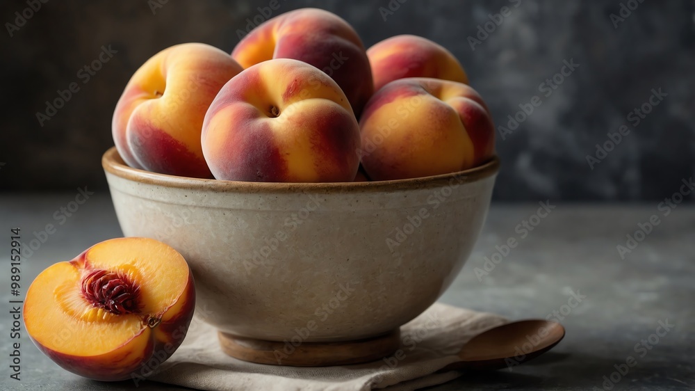 Bowl of peaches and cream on stone table background Bowl of peaches and cream on stone table background
