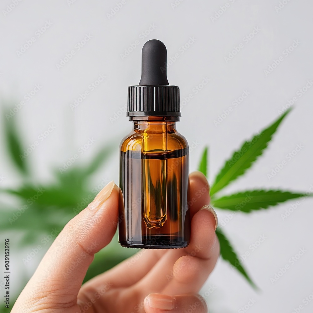 A hand holding a glass dropper bottle filled with herbal oil, surrounded by green cannabis leaves, on a clean, white background.