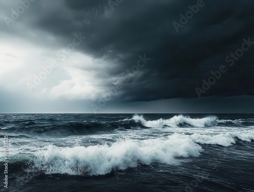 Ocean landscape with stormy clouds overhead, crashing waves against the shoreline, vast horizon, cinematic lighting, high contrast, moody