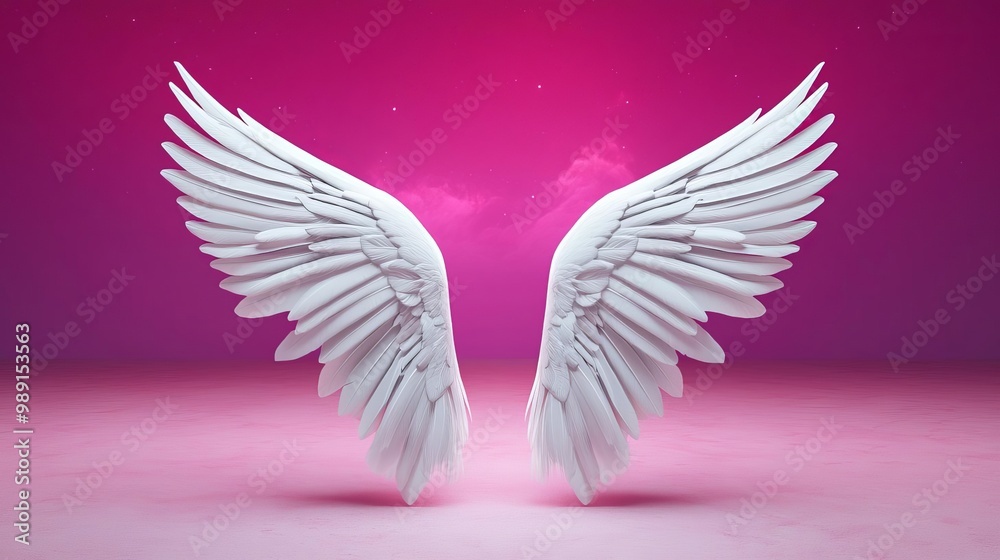 Obraz premium Bright white wings emerging from a glowing ethereal light, set against a heavenly backdrop of pink and purple hues in the sky, creating a scene of pure, divine beauty