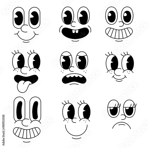 2d vector face cartoon character emotion set, smile, angry, sad, laugh, Stick out your tongue, y2k character style