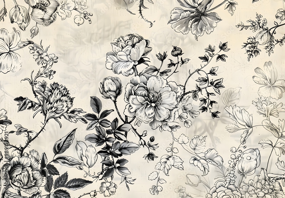 Fototapeta premium Antique French Toile de Jouy Floral Textile