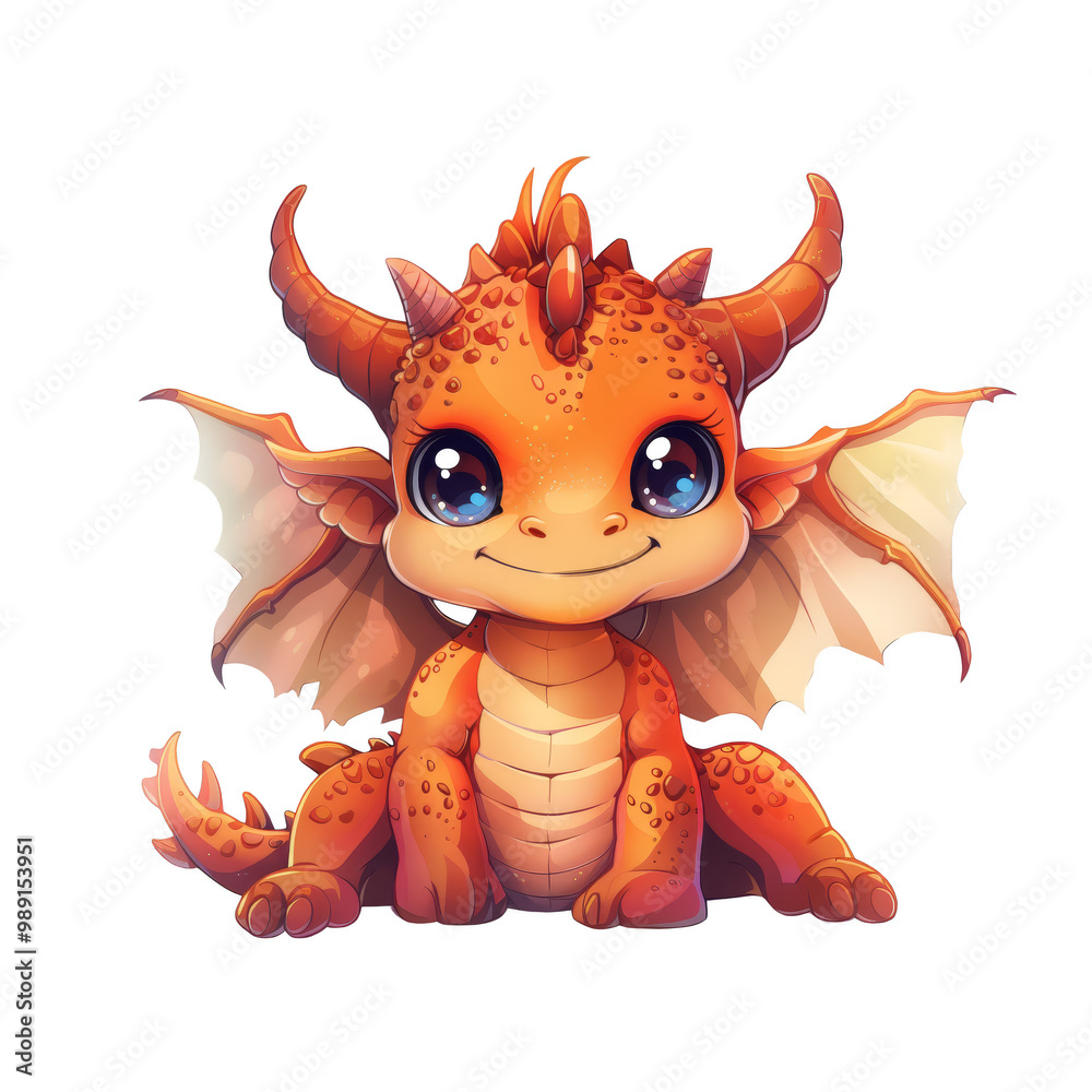 Fototapeta premium A cute, cartoon-style orange baby dragon with large blue eyes and a friendly smile sits against a black background.