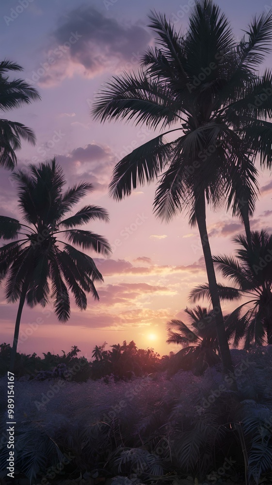 Obraz premium Serene Tropical Sunset with Silhouetted Palm Trees Against a Stunning Purple and Pink Twilight Sky