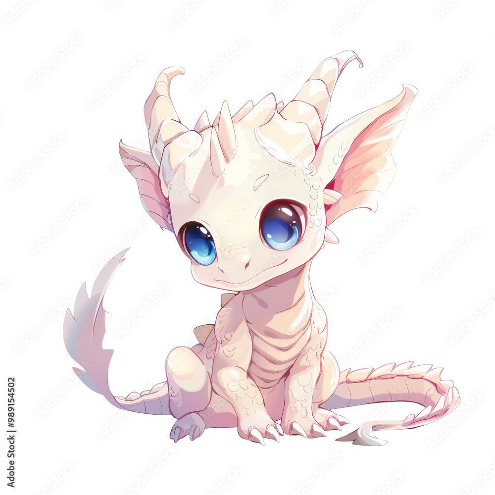 A cute, white, cartoon dragon with big blue eyes sits on a white background. A cute, white, cartoon dragon with big blue eyes sits on a white background.