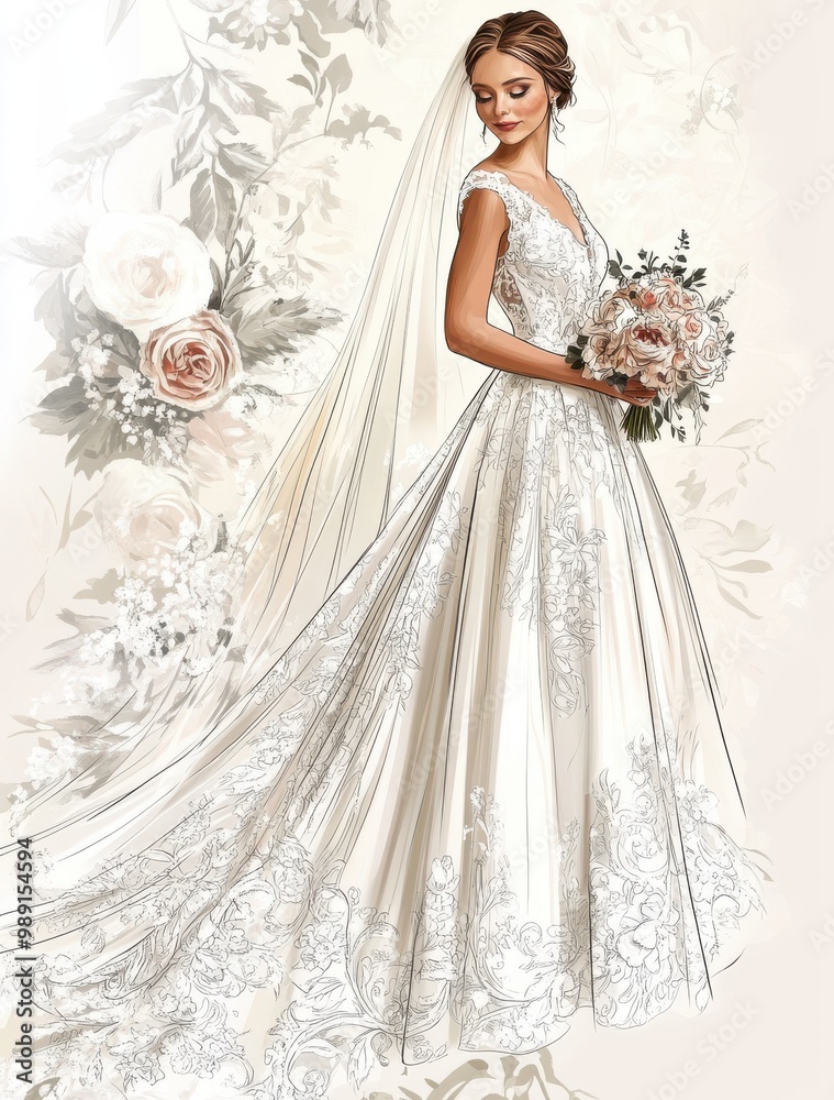 Elegant bridal illustration featuring a bride in a stunning lace wedding dress adorned with flowers and a delicate veil. Elegant bridal illustration featuring a bride in a stunning lace wedding dress adorned with flowers and a delicate veil.