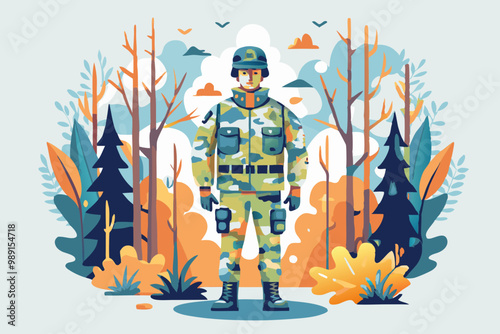 Camouflaged Soldier Standing in a Vibrant Forest Illustration