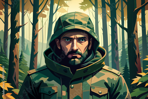 Stoic Soldier in Camouflage Gear Amidst Forest Vegetation