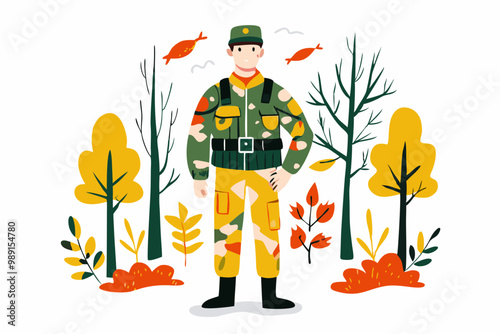 Cheerful Cartoon Fisherman with Rod and Autumn Foliage Background