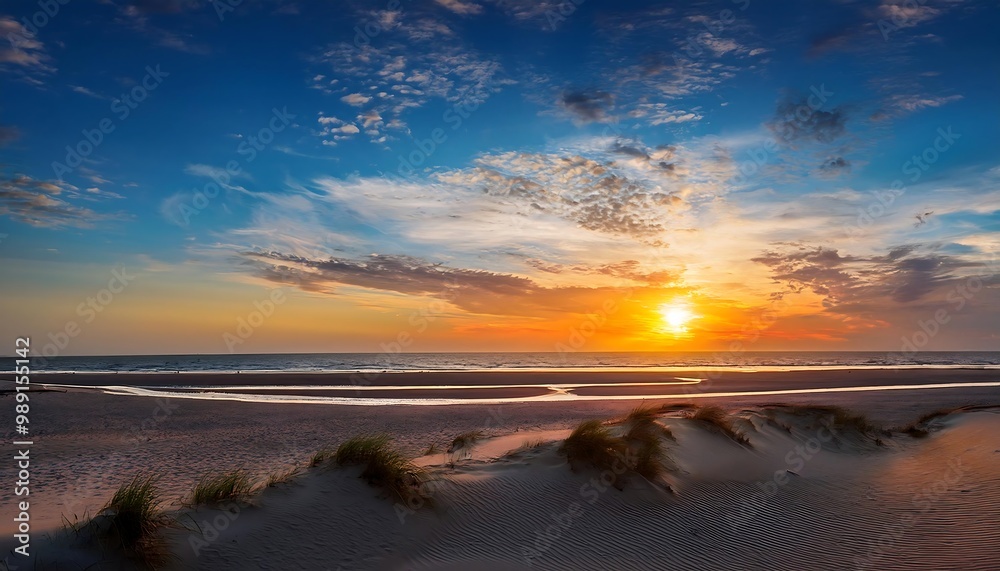 Serene Sunset at Dune Beach Stunning Sky and Cloudscape Over Sandy Horizon Serene Sunset at Dune Beach Stunning Sky and Cloudscape Over Sandy Horizon