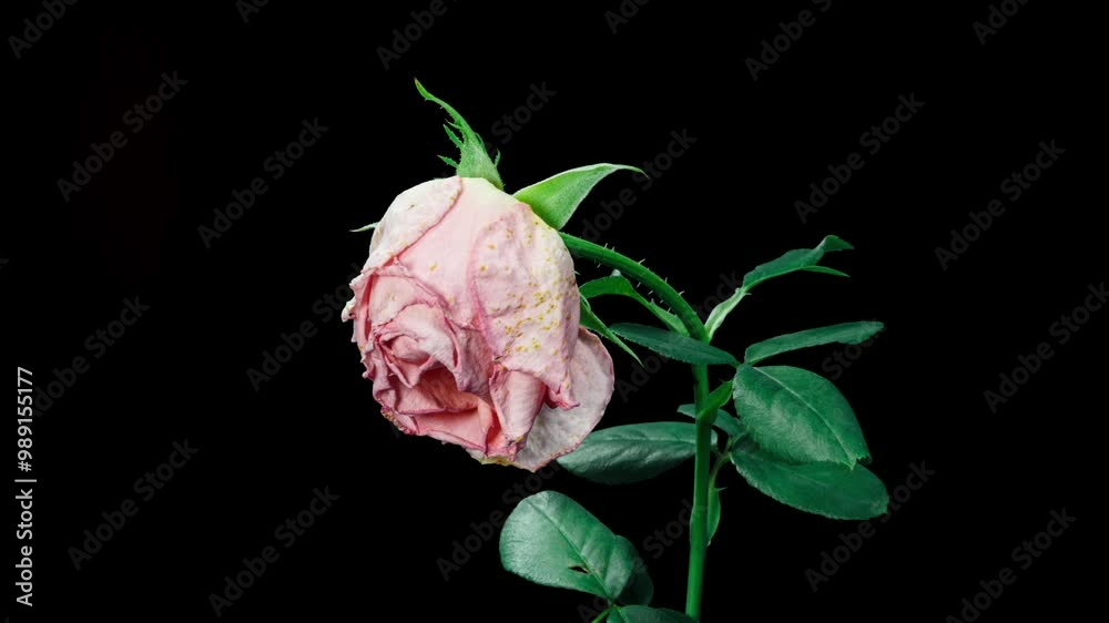 Tender Cream Rose Blooming in Time Lapse. Pink Flower Moving Petals in Fast Motion on a Black Background and Wilting to Dry Plant