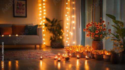 A beautifully decorated home for Diwali, with glowing diyas, string lights, and flower garlands
