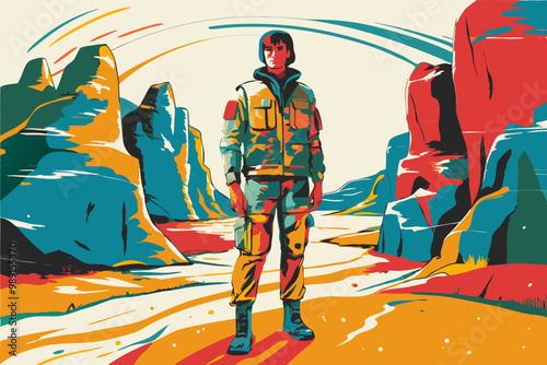 Futuristic Explorer in a Stylized Alien Landscape