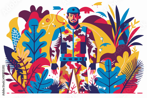 Colorful Illustration of Adventurous Explorer in Vibrant Jungle Environment