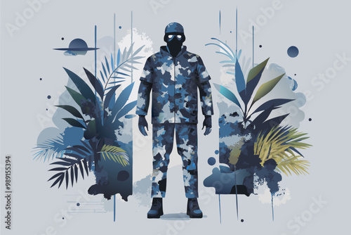 Modern Soldier in Camouflage Gear with Tropical Plants Background