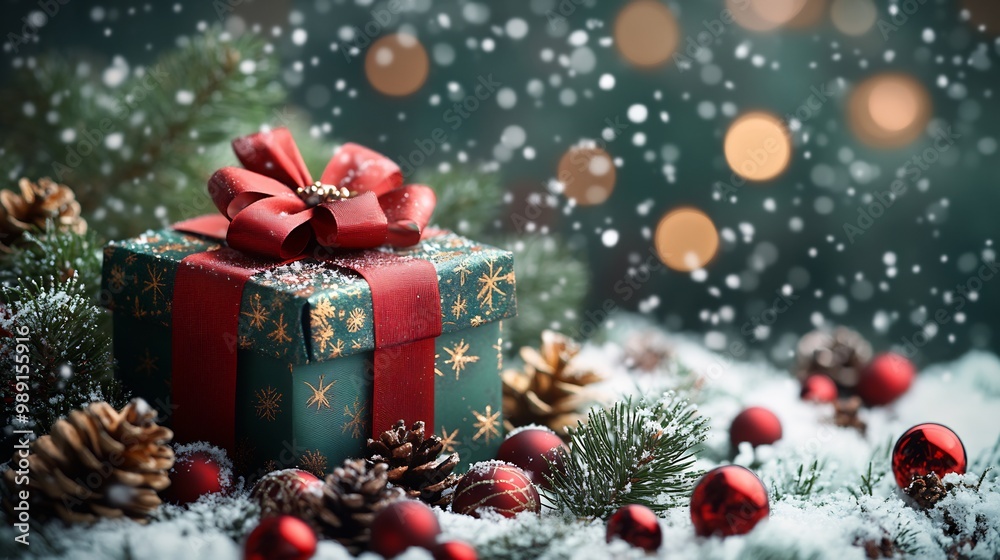 Red green christmas gift box with ribbon placed near a vibrant decorated tree snowy background traditional festive winter design holiday greeting card concept Red green christmas gift box with ribbon placed near a vibrant decorated tree snowy background traditional festive winter design holiday greeting card concept