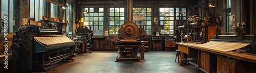 In a vintage printing press room, heavy iron machines clatter rhythmically as they print newspapers.