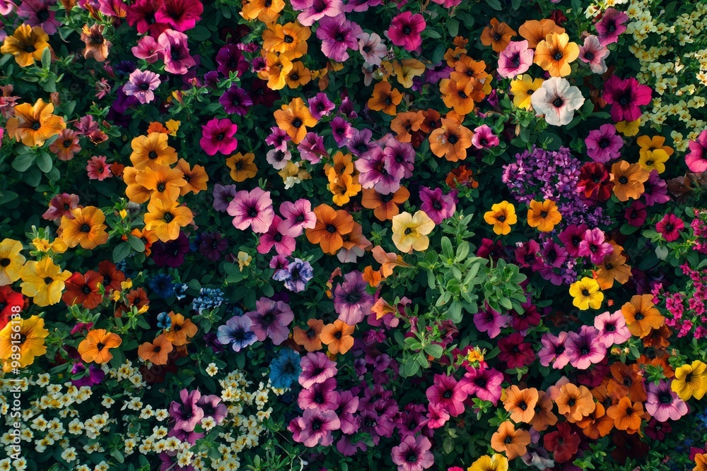 A Close-Up View of a Vibrant Mix of Petunia Flowers in Bloom A Close-Up View of a Vibrant Mix of Petunia Flowers in Bloom