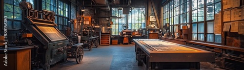 In a vintage printing press room, heavy iron machines clatter rhythmically as they print newspapers, capturing the essence of early 20th-century mass communication.