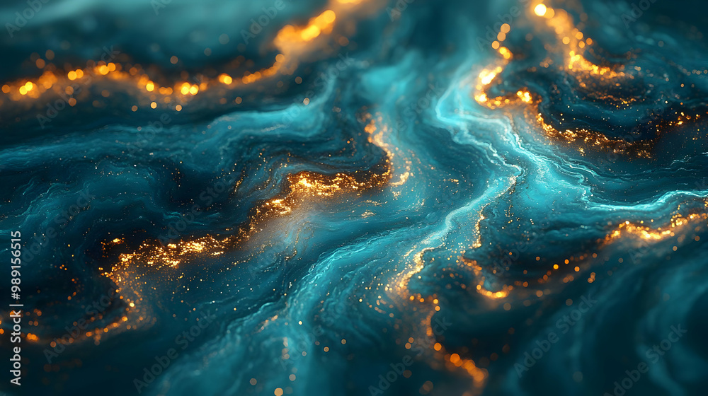 Abstract Blue and Gold Liquid Swirls with Glittering Dust Abstract Blue and Gold Liquid Swirls with Glittering Dust