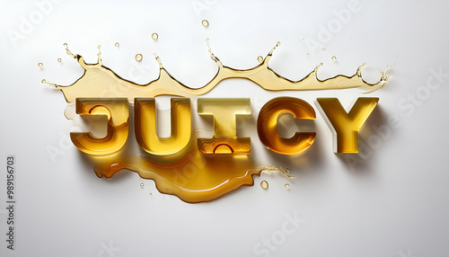 Juicy word made of the liquids Apple juice, isolated on white background photo